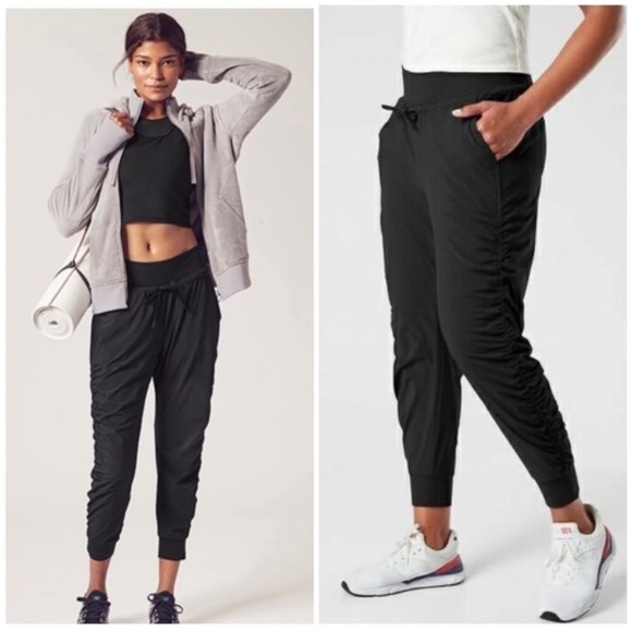 $99 ATHLETA Black ATTITUDE Pants Ruched Joggers Leggings Sz 12 - Picture 2 of 10